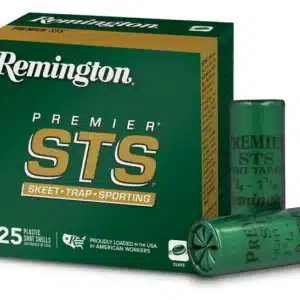 Box of Remington Premier STS 12-gauge shotgun shells for skeet, trap, and sporting clays, featuring two green cartridges.