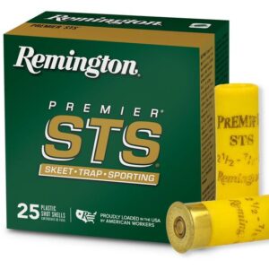 Box of Remington Premier STS skeet and trap shot shells with two yellow cartridges displayed, labeled "25 plastic shot shells."