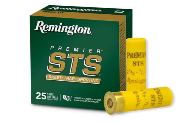 Box of Remington Premier STS skeet and trap shot shells with two yellow cartridges displayed, labeled "25 plastic shot shells."