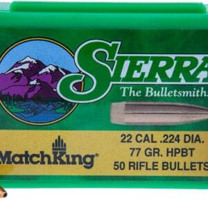 Sierra MatchKing .22 caliber bullets in a green box labeled "MatchKing," with three bullets displayed in front.