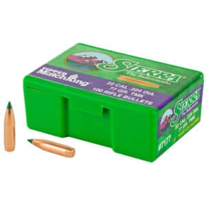 Box of Sierra MatchKing .22 caliber rifle bullets, containing 100 bullets with a green tip, displayed with two bullets outside the box.