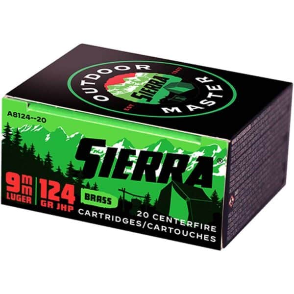 Box of Sierra 9mm Luger ammunition, 124 grain JHP, containing 20 brass cartridges, featuring outdoor-themed graphics.