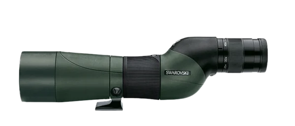 Swarovski spotting scope with a green body and black eyepiece, featuring adjustable zoom settings for clear distant viewing.