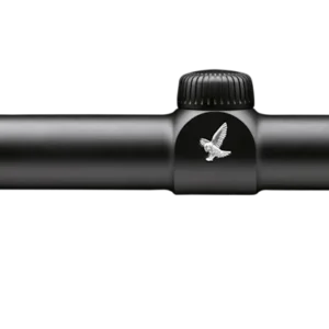 Black Swarovski rifle scope featuring a sleek design, magnification adjustment ring, and silver logo, ideal for precise targeting.