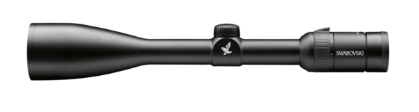 Black Swarovski rifle scope featuring a sleek design, magnification adjustment ring, and silver logo, ideal for precise targeting.