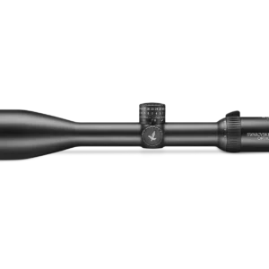 A sleek, black Swarovski rifle scope with adjustable magnification and dials, designed for precision aiming in outdoor settings.