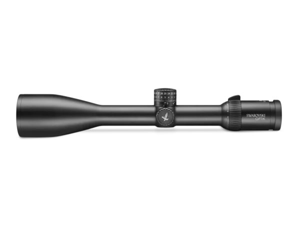 A sleek, black Swarovski rifle scope with adjustable magnification and dials, designed for precision aiming in outdoor settings.