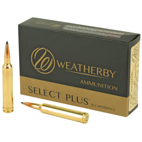 A box of Weatherby Select Plus ammunition, featuring two cartridges, one upright and one lying down, both with metallic casings and pointed tips.