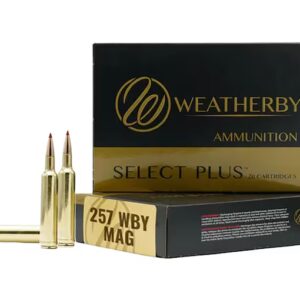 Box of Weatherby Select Plus ammunition with two .257 Weatherby Magnum cartridges beside it.