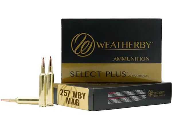 Box of Weatherby Select Plus ammunition with two .257 Weatherby Magnum cartridges beside it.