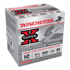 Box of Winchester Xpert Super Waterfowl ammunition, 12 gauge, 3.5 inches, 1550 velocity, containing BB steel shot.