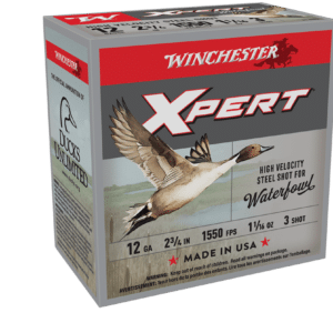 A box of Winchester Xpert shotgun shells for waterfowl, featuring a flying duck illustration and details on gauge and velocity.