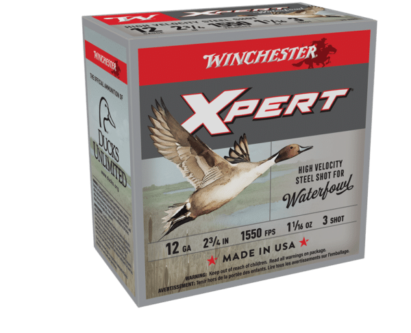 A box of Winchester Xpert shotgun shells for waterfowl, featuring a flying duck illustration and details on gauge and velocity.