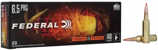 Federal 6.5 PRC Fusion tipped rifle cartridges, 140 grain, in a box of 20 with two cartridges displayed beside it. Made in the USA.