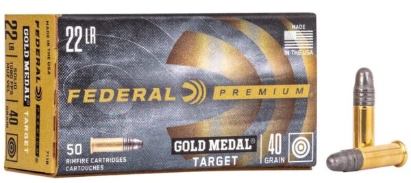 A box of Federal Premium Gold Medal .22 LR rimfire cartridges, containing 50 rounds, alongside two cartridges displayed prominently.