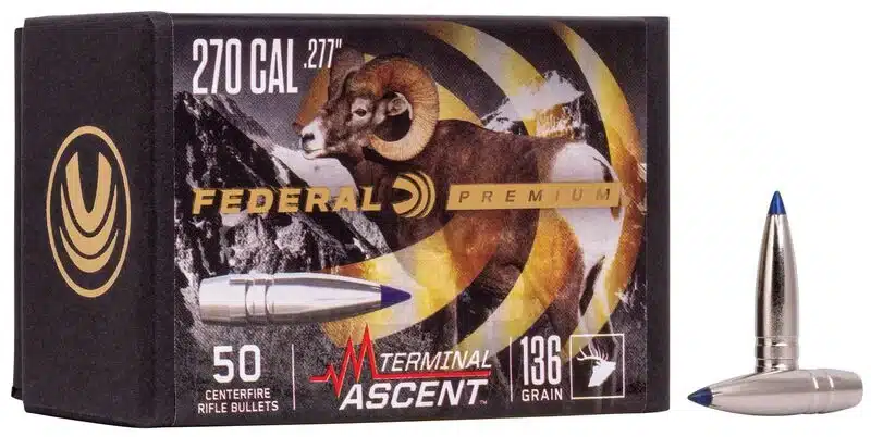 A box of Federal Premium Terminal Ascent .270 caliber bullets featuring a ram graphic and highlighting 50 centerfire rifle bullets, 136 grains.