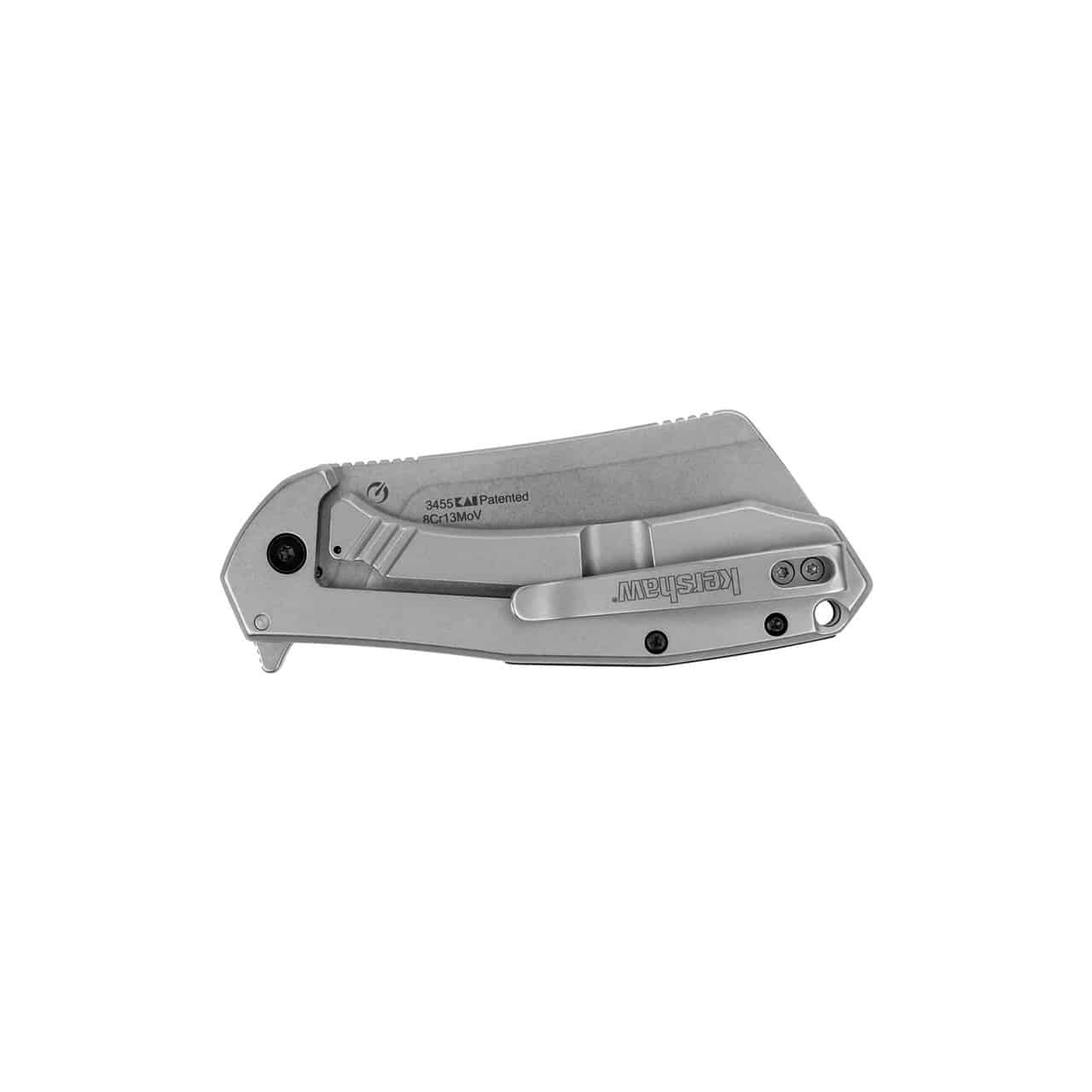 A closed Kershaw folding knife with a sleek silver handle, showcasing brand markings and a sturdy design for everyday use.