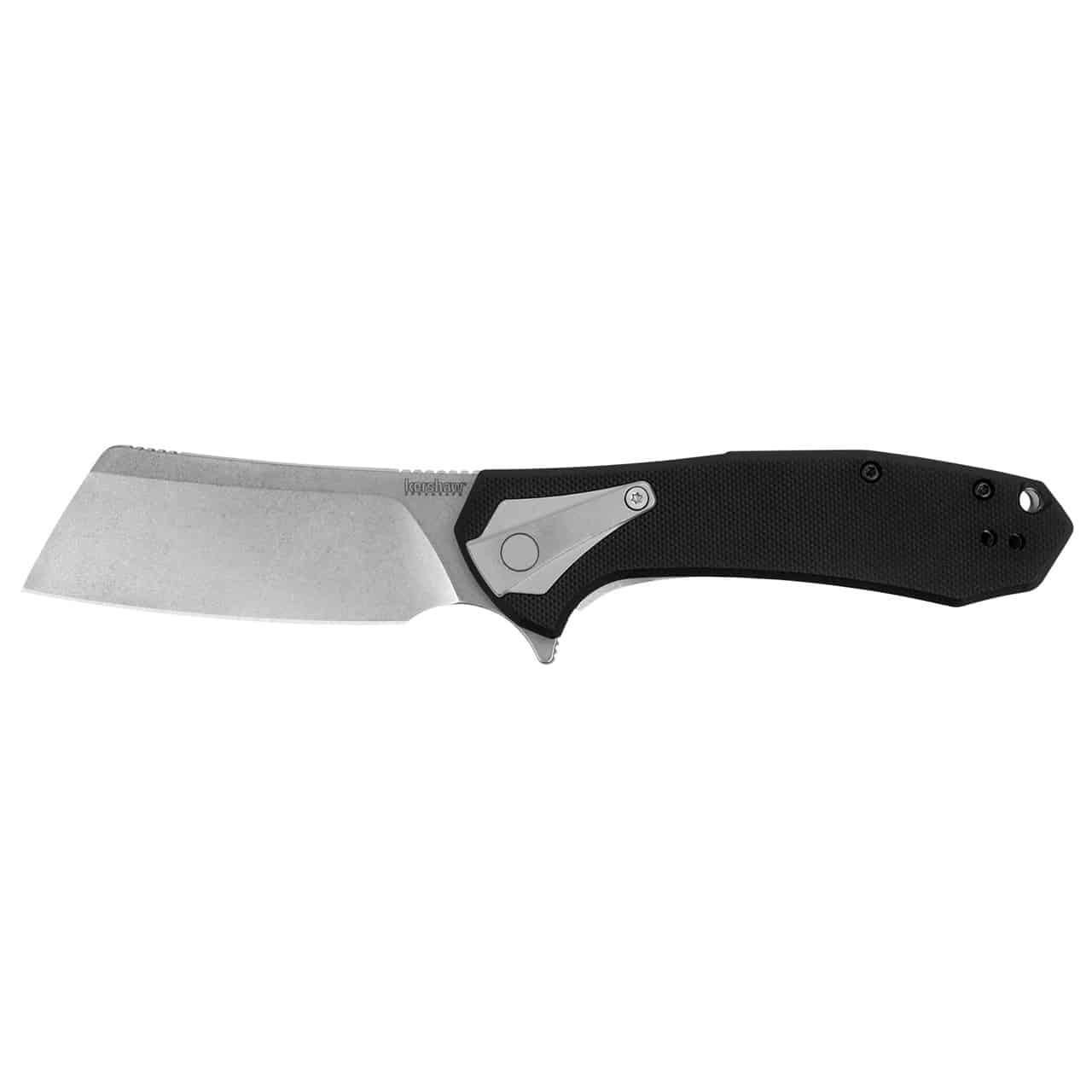 KERSHAW BRACKET, a sleek folding knife with a broad stainless steel blade and a textured black handle, featuring a silver button for opening.