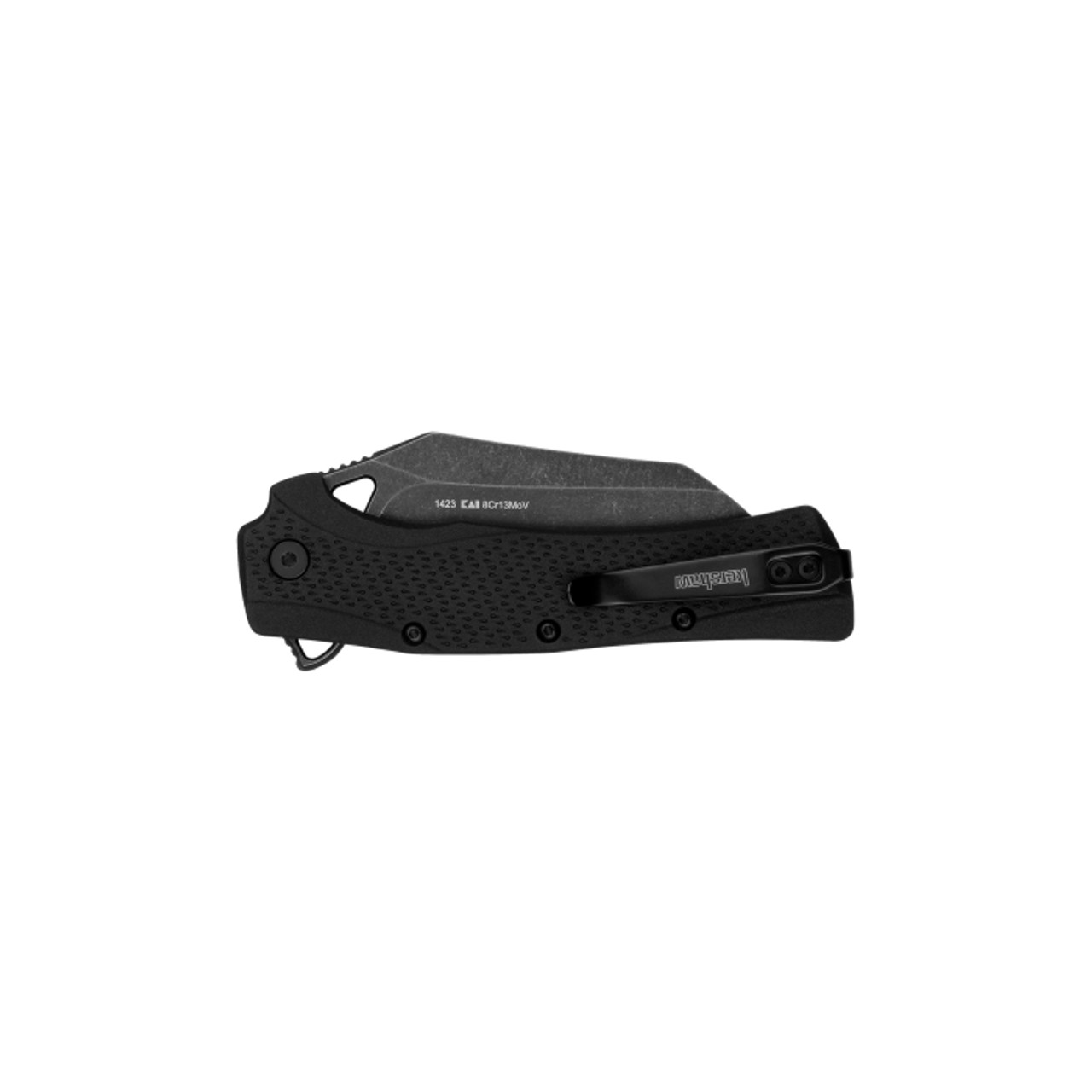 A closed black folding knife with textured handle and a pocket clip, featuring a sleek gray blade and minimalist design.