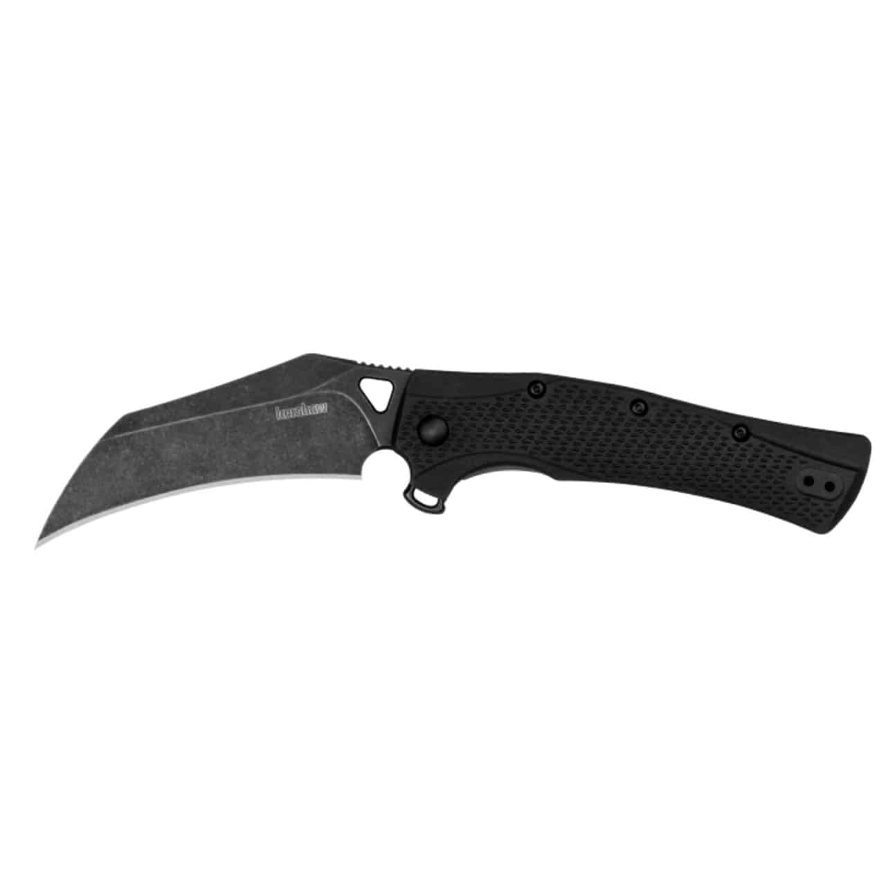 KERSHAW DAWNSTAR, Black folding knife with a curved blade and textured grip, featuring a thumb stud and clip for easy carrying.
