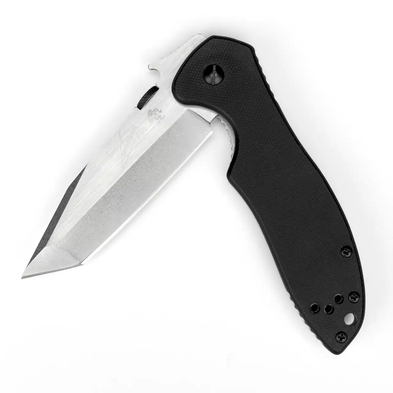KERSHAW EMERSON CQC-7K, a sleek, partially open folding knife with a sharp, shiny blade and a textured black handle, showcasing its modern design.