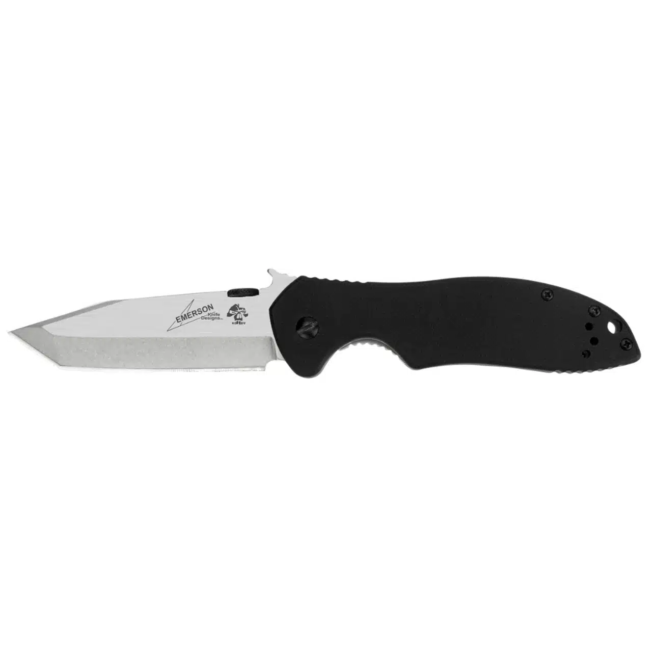 KERSHAW EMERSON CQC-7K, a sleek black-handled folding knife features a polished stainless steel blade with a tanto tip, ideal for cutting tasks.