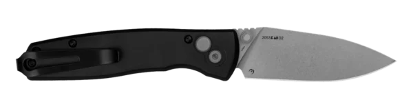 A sleek, black folding knife with a stainless steel blade, featuring a pocket clip and button for easy one-handed opening.