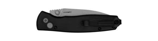 A sleek, compact folding knife with a D2 steel blade and black handle, featuring a secure locking mechanism and pocket clip.