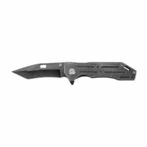 KERSHAW LIFTER BLACKWASH, a black folding knife with a pointed blade and a sleek, perforated handle, positioned on a white background.