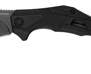 KERSHAW OUTLIER, a sleek, black folding knife with a curved blade and a finger ring on the handle, highlighting its modern design and functionality.