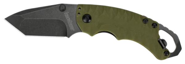 KERSHAW SHUFFLE II OLIVE BLACKWASH, a Kershaw folding knife featuring a dark blade and olive green textured handle, designed for utility and grip.