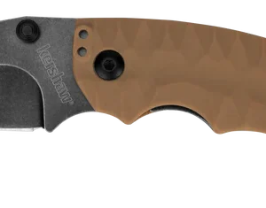 KERSHAW SHUFFLE II TAN BLACKWASH, a Kershaw folding knife with a textured brown handle and a dark metal blade, featuring a loop for easy carrying.