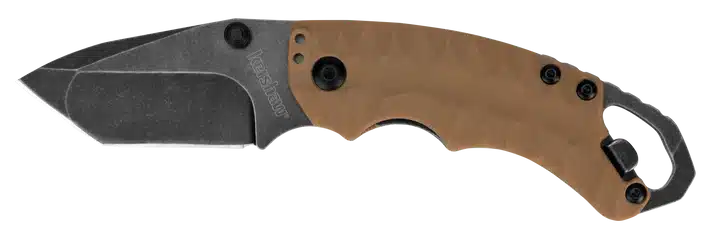 KERSHAW SHUFFLE II TAN BLACKWASH, a Kershaw folding knife with a textured brown handle and a dark metal blade, featuring a loop for easy carrying.
