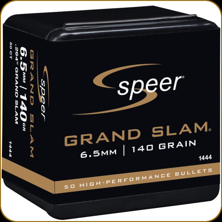 Black box of Speer Grand Slam bullets, labeled 6.5mm, 140 grain, containing 50 high-performance bullets.