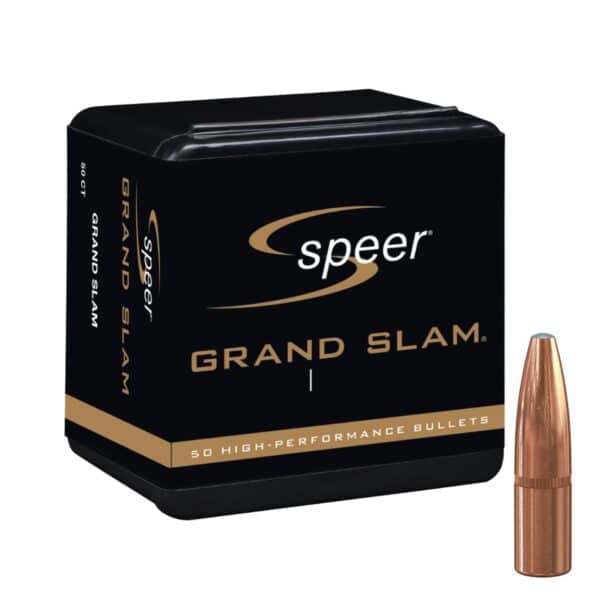 A package of Speer Grand Slam bullets, labeled "50 High-Performance Bullets," with one bullet displayed beside it.