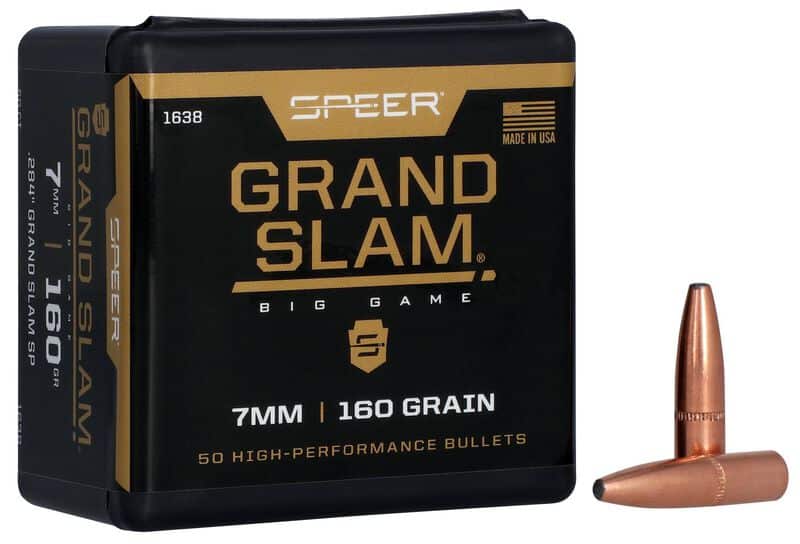 A box of 50 Speer Grand Slam 7mm 160 grain bullets, with one bullet displayed alongside, emphasizing its high-performance design.