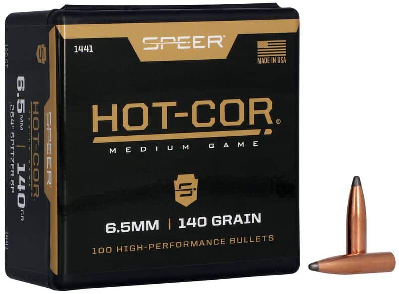A box of Speer Hot-Cor bullets, labeled "6.5mm 140 grain," next to an individual bullet, designed for medium game hunting.