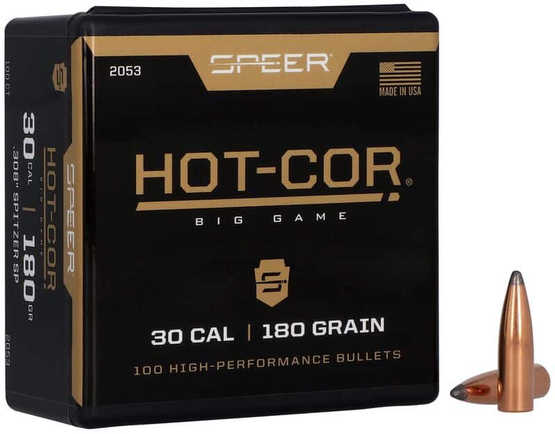 Black box of Speer HOT-COR .30 caliber, 180 grain bullets with a copper-tipped bullet in front, labeled "100 high-performance bullets."