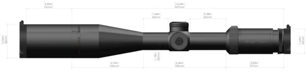 Side view of a black rifle scope with detailed measurements, showcasing its length and diameter, ideal for shooting precision.