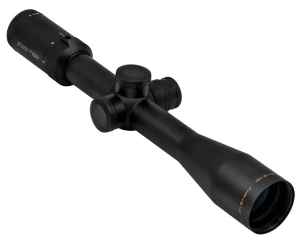 ZEROTECH THRIVE HD FFP 4-16X44 IR LR HUNTER MRAD, a sleek black rifle scope with adjustable knobs and a wide objective lens, designed for precision aiming and accuracy.