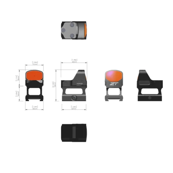 Illustration of a red dot reflex sight, showing multiple angles and dimensions, featuring an orange lens and sleek black design.