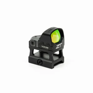 ZEROTECH THRIVE HD REFLEX MULTI RETICLE HIGH MOUNT, a compact black reflex sight with a green and yellow lens, designed for firearms, featuring adjustable settings and a sturdy base.