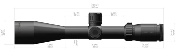 Illustration of a ZeroTech rifle scope with detailed dimensions labeled in inches and millimeters.