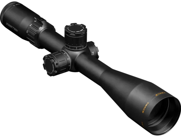 ZEROTECH TRACE ADV 4.5-27X50 RMG FFP MOA, a sleek black rifle scope with multiple adjustment knobs and a rounded objective lens, designed for precision aiming.