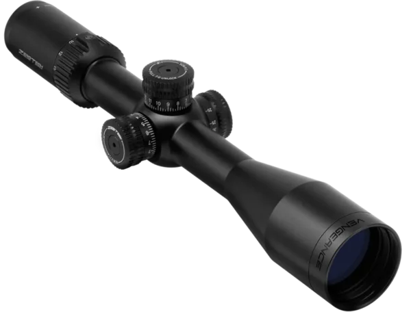 ZEROTECH VENGEANCE 4-20X50 PHR II, a sleek black rifle scope featuring adjustable knobs for magnification and focus, designed for precision aiming and durability.
