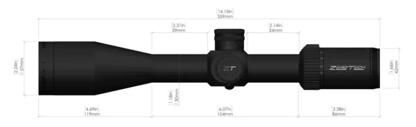 Black rifle scope with measurement labels, featuring a sleek design and various adjustable components for precision shooting.