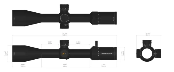 Illustration of a ZeroTech rifle scope with measurements, featuring a sleek black design and labeled adjustment knobs.