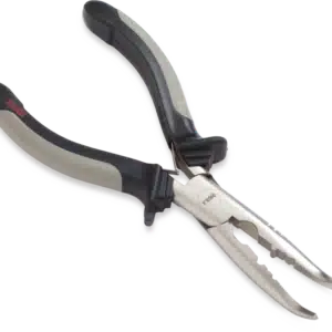 RAPALA 6.5" CURVED FISHERMAN'S PLIERS6.5 CURVED FISHERMAN'S PLIERS, A pair of sleek, silver pliers with black and gray rubberized grips, positioned for use.