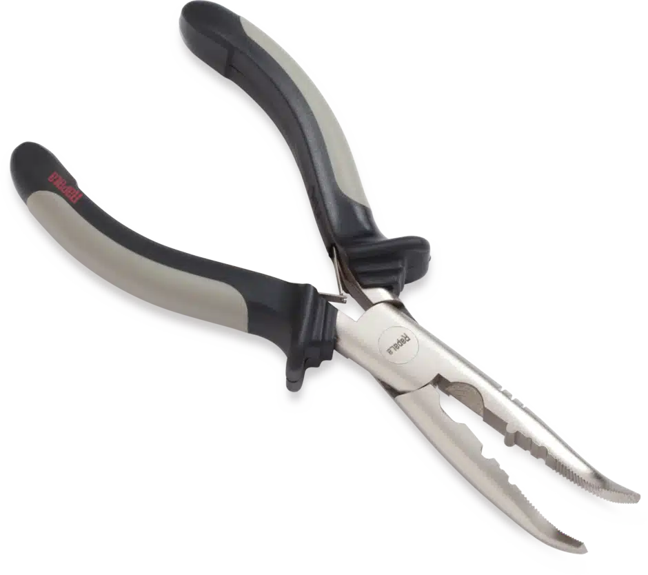 RAPALA 6.5" CURVED FISHERMAN'S PLIERS6.5 CURVED FISHERMAN'S PLIERS, A pair of sleek, silver pliers with black and gray rubberized grips, positioned for use.