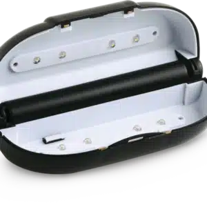 RAPALA CHARGE 'N GLOW, A black, oval-shaped device case, open to reveal internal lights and a black roller mechanism for electronic components.